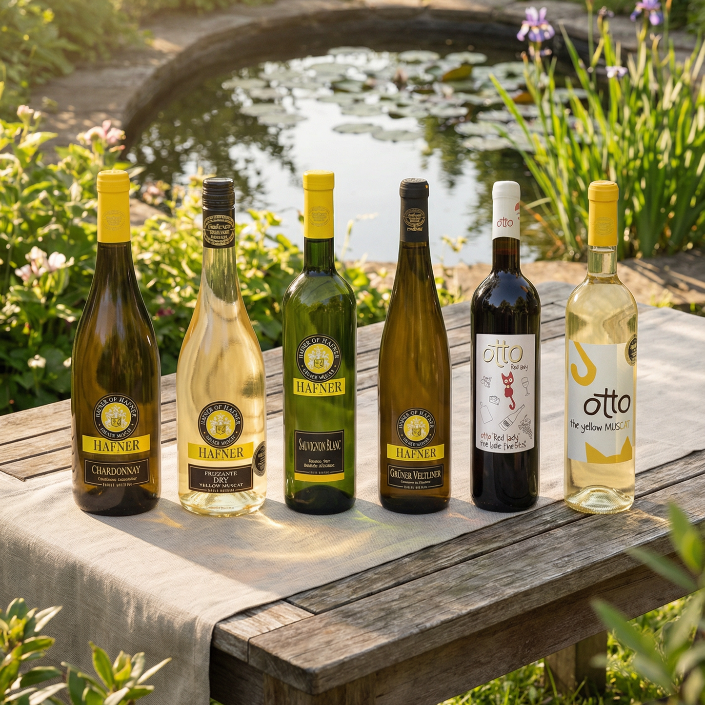 Sommerpaket an Weinen vor einem Teich 