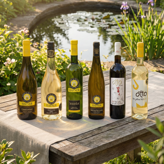 Sommerpaket an Weinen vor einem Teich 